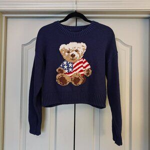 Americana Teddy Bear Sweater Grayson Threads Patriotic Knit Cropped Preppy